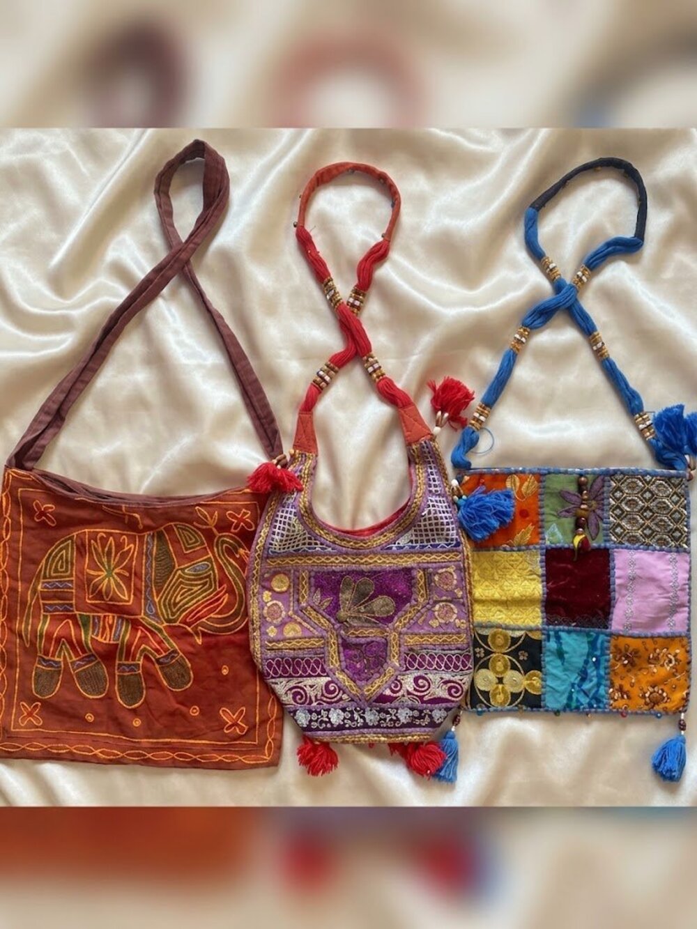 3-Piece Indian Bohemian Intricate Handmade Sling Bag Bundle with Bells!